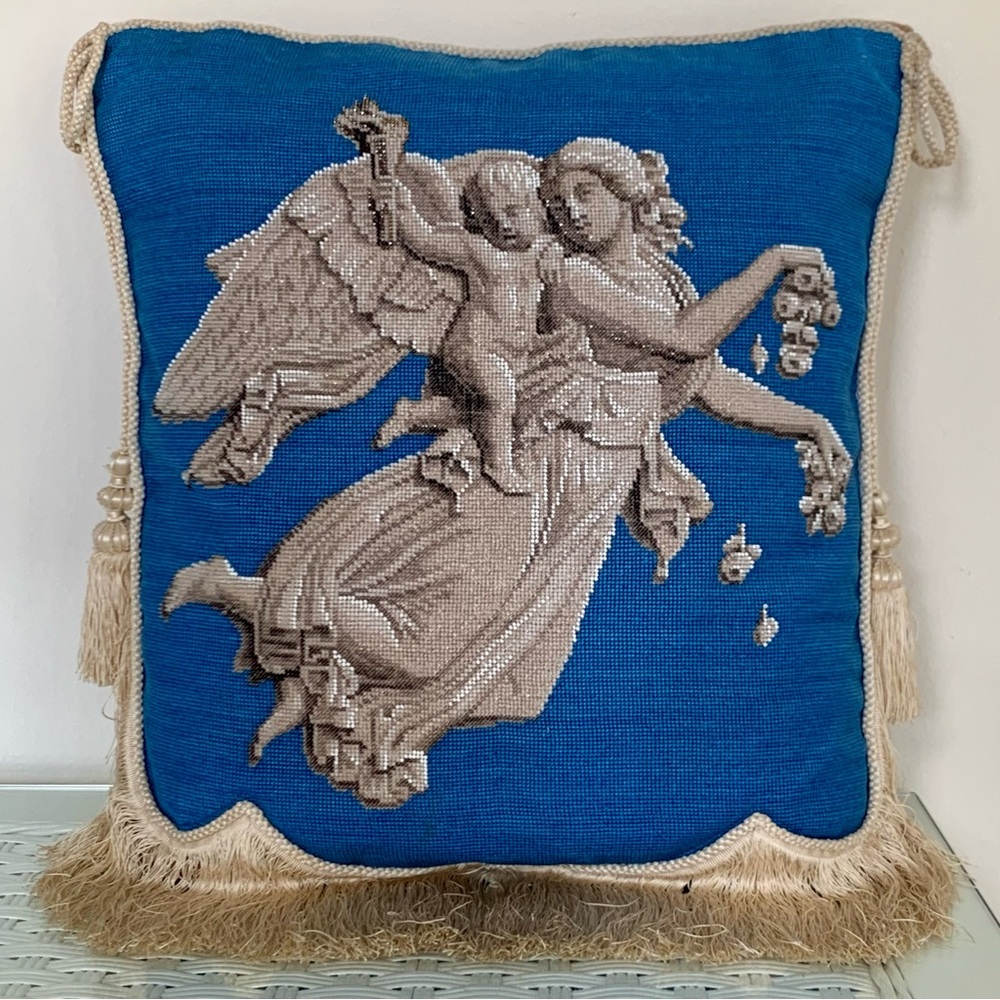 Antique Hand Beaded Angel & Cherub Decorative Throw Pillow